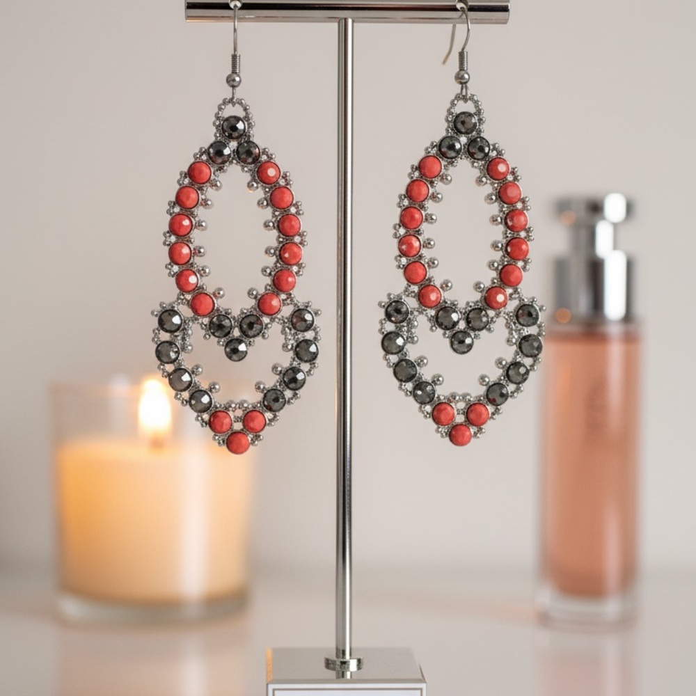 Chic Coral and Gunmetal Hoop Earrings